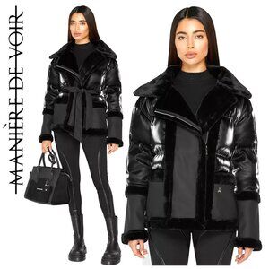 💥HOT ITEM💥Leather & Plush Belted Moto Puffer Jacket in Black